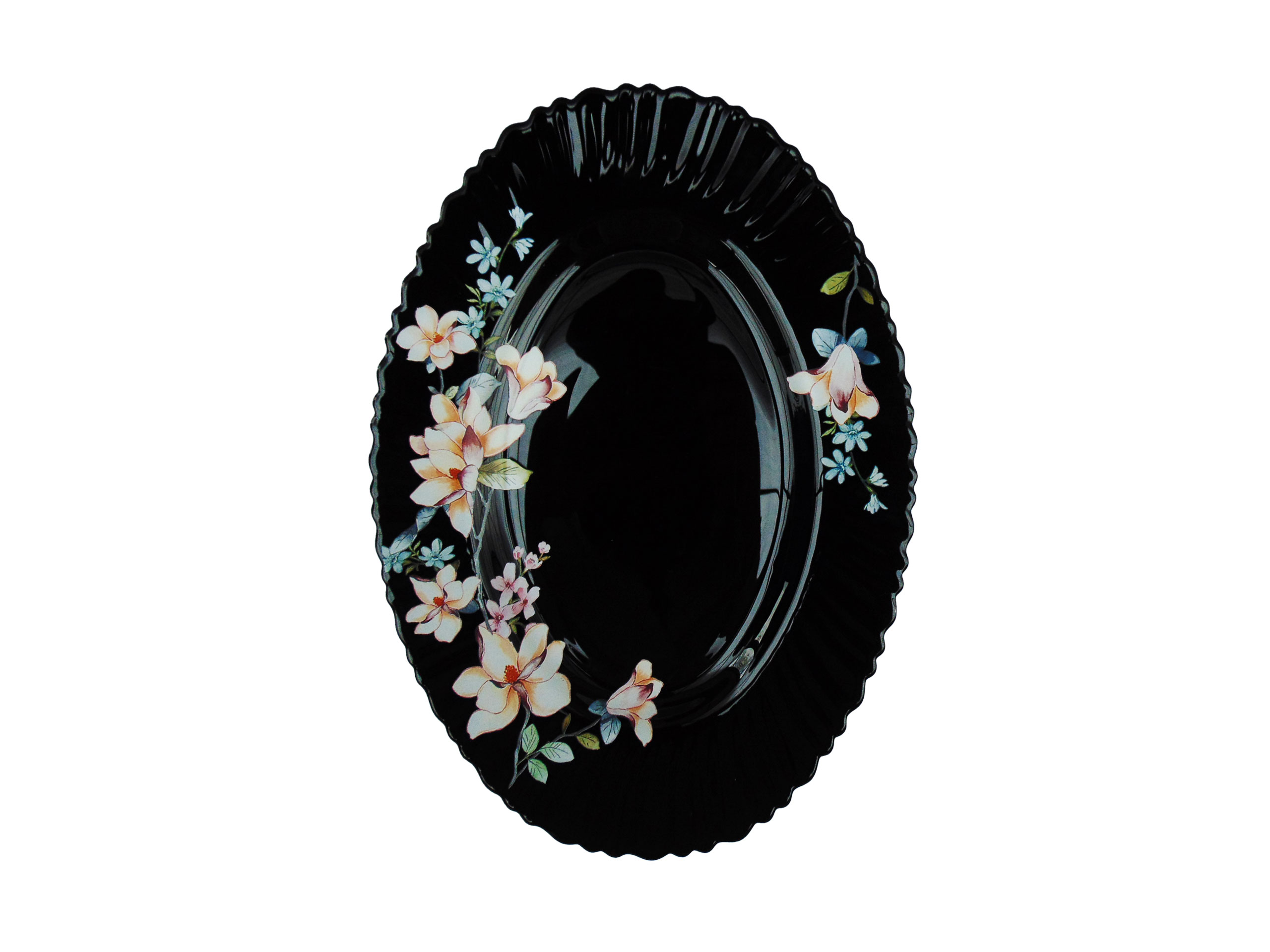 Platou Oval Negru cu Model Floral ALB