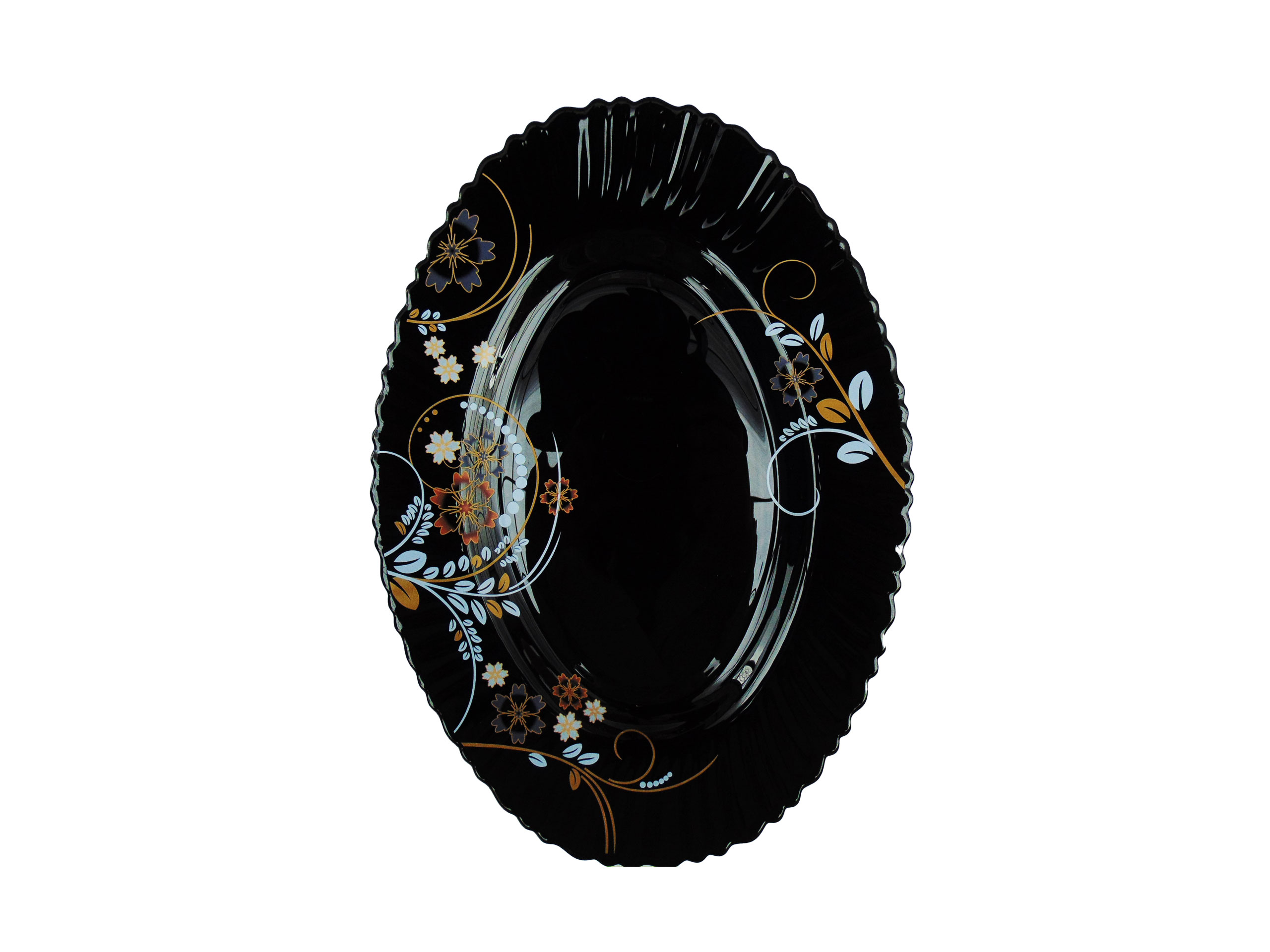 Platou Oval Negru cu Model Floral ALB-AURIU