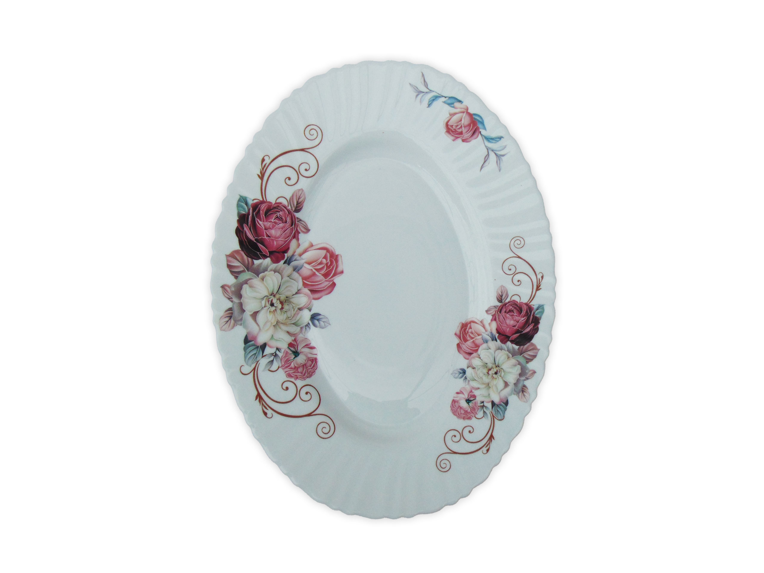 Platou Oval Alb cu Model Floral ROZ-ALB