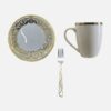 Set Farfurie întinsă ceramica 20cm + Cana ceramica 300ml + Furculita Auriu