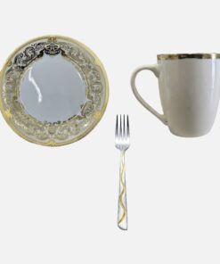 Set Farfurie întinsă ceramica 20cm + Cana ceramica 300ml + Furculita Auriu