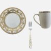 Set Farfurie întinsă ceramica 27cm + Cana ceramica 300ml + Furculita Auriu