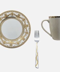 Set Farfurie întinsă ceramica 27cm + Cana ceramica 300ml + Furculita Auriu