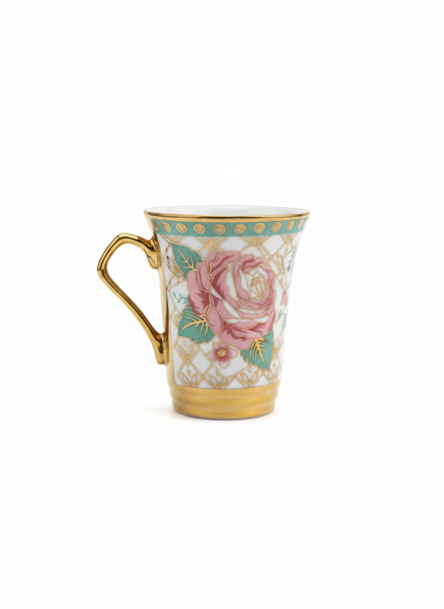 Ceașcă Aurie ceramică model floral Roz-Verde
