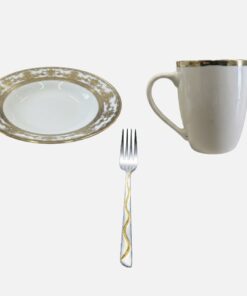 Set Farfurie adâncă ceramica 20cm + Cana ceramica 300ml + Furculita/Lingură Auriu