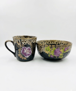 Set ceramica Bol si Cana neagra cu trandafir violet