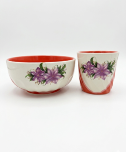 Set Bol si Cana Ceramica Rosu cu Flori de Crin