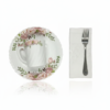 Pachet pomana model floral Trandafir Roz 6 Farfurii+6 Cani+6 Linguri/Furculite & 6 Prosoape