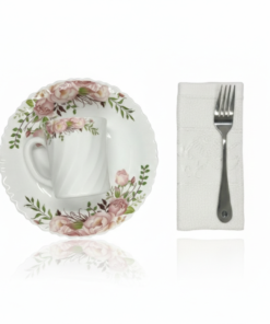 Pachet pomana model floral Trandafir Roz 6 Farfurii+6 Cani+6 Linguri/Furculite & 6 Prosoape