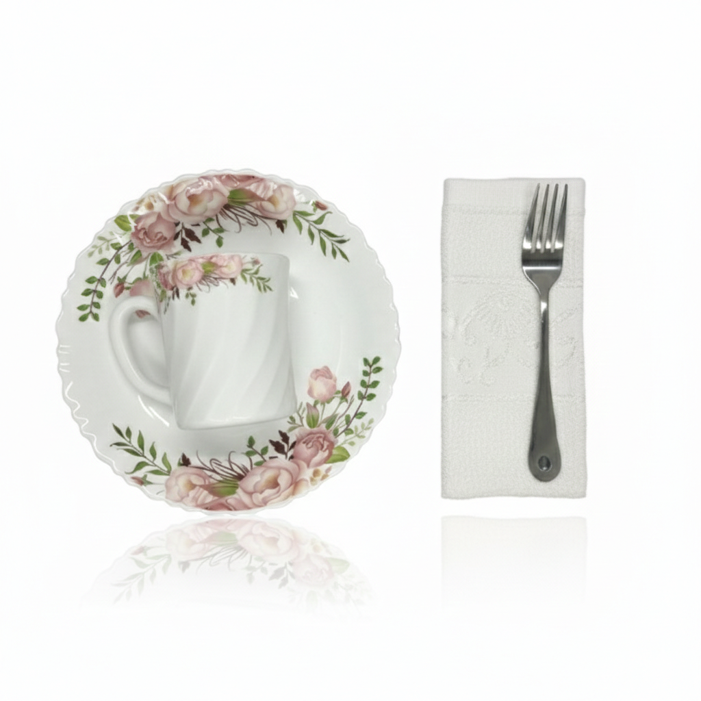 Pachet pomana model floral Trandafir Roz 6 Farfurii+6 Cani+6 Linguri/Furculite & 6 Prosoape