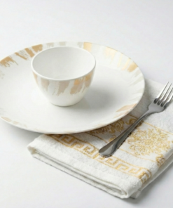 Pachet pomana model Alb-Auriu 6 Farfurii adanci+6 Cani+6 Linguri/Furculite & 6 Prosoape