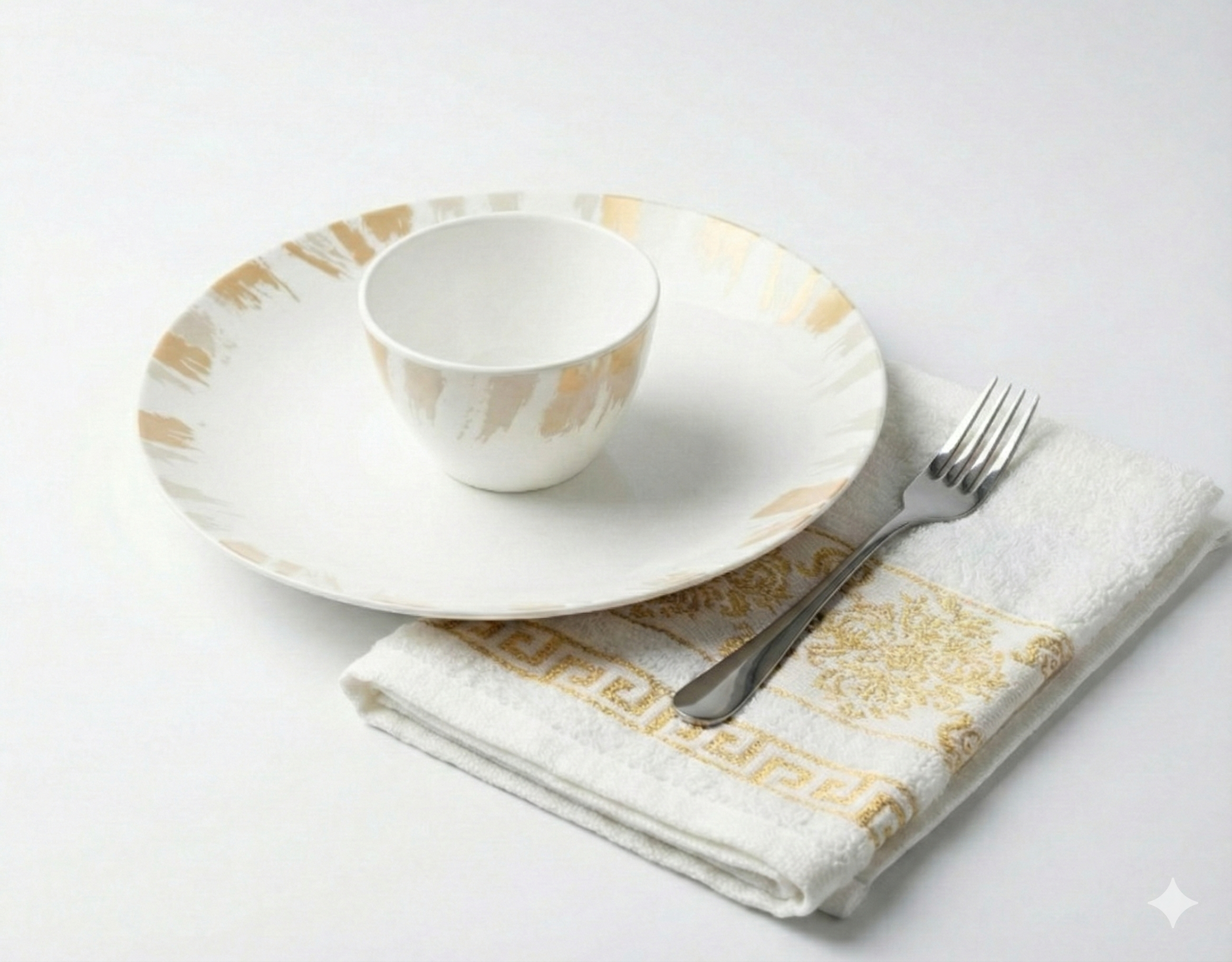 Pachet pomana model Alb-Auriu 6 Farfurii adanci+6 Cani+6 Linguri/Furculite & 6 Prosoape