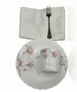 Pachet pomana model flori de garofiță Roz 6 Farfurii+6 Cani+6 Linguri/Furculite & 6 Prosoape