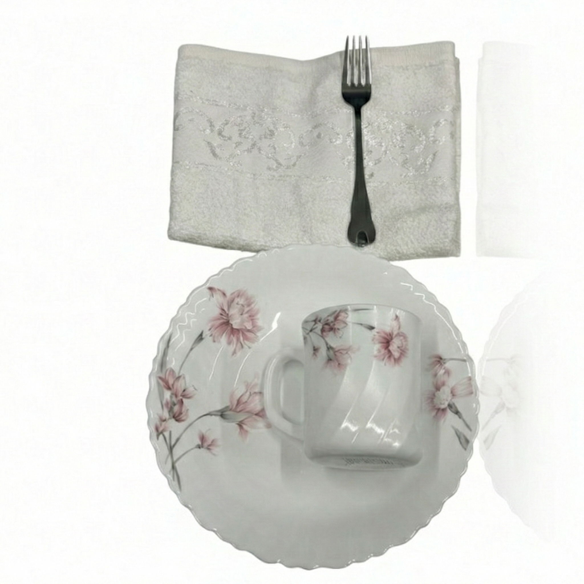 Pachet pomana model flori de garofiță Roz 6 Farfurii+6 Cani+6 Linguri/Furculite & 6 Prosoape