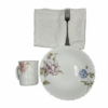 Pachet pomana model Flori trandafir Roz-Albastru 6 Farfurii+6 Cani+6 Linguri/Furculite & 6 Prosoape