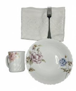 Pachet pomana model Flori trandafir Roz-Albastru 6 Farfurii+6 Cani+6 Linguri/Furculite & 6 Prosoape