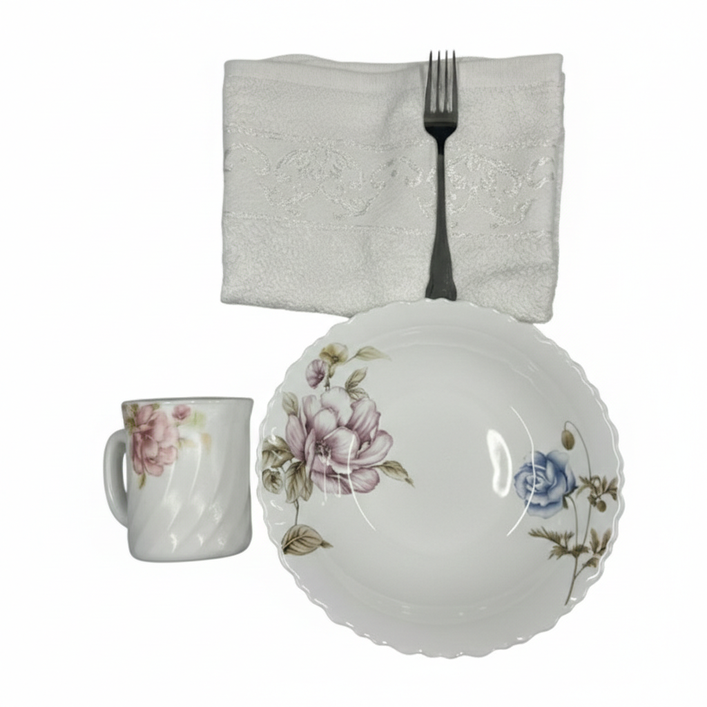 Pachet pomana model Flori trandafir Roz-Albastru 6 Farfurii+6 Cani+6 Linguri/Furculite & 6 Prosoape