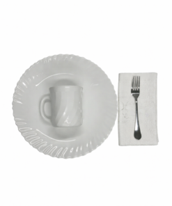 Pachet pomana model Alb simplu 6 Farfurii intinse+6 Cani+6 Linguri/Furculite & 6 Prosoape