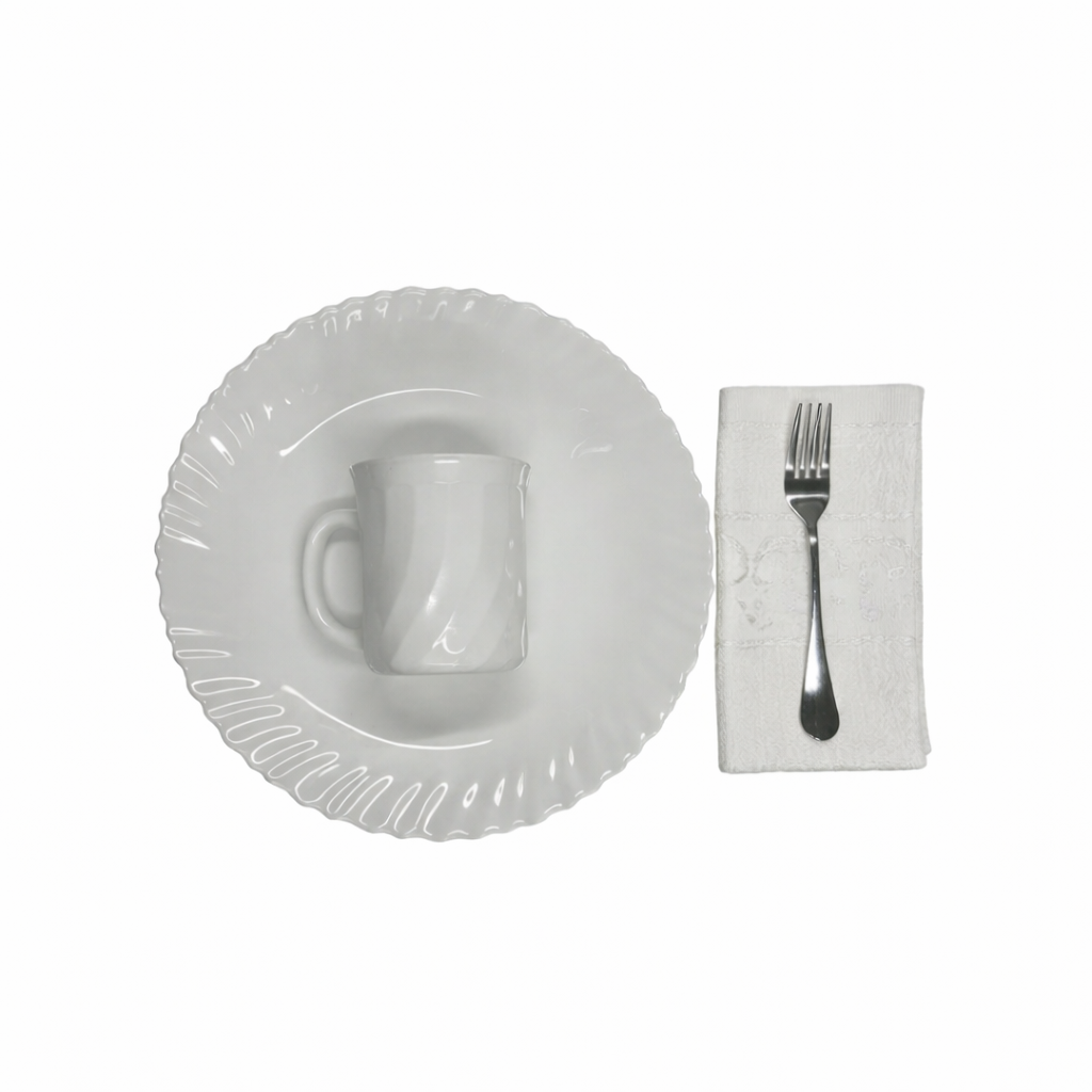Pachet pomana model Alb simplu 6 Farfurii intinse+6 Cani+6 Linguri/Furculite & 6 Prosoape
