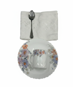 Pachet pomana model floral Violet Lavandă 6 Farfurii+6 Cani+6 Linguri/Furculite & 6 Prosoape