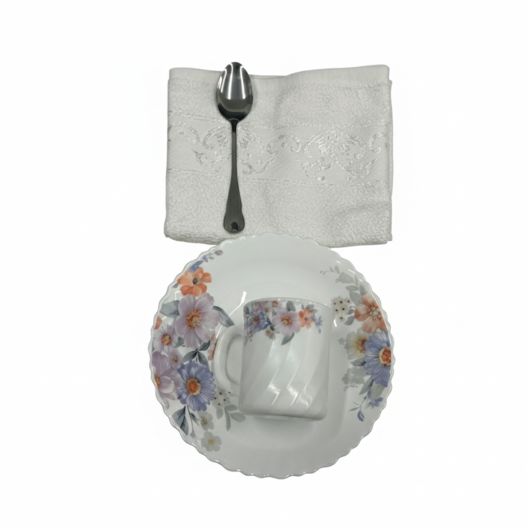 Pachet pomana model floral Violet Lavandă 6 Farfurii+6 Cani+6 Linguri/Furculite & 6 Prosoape