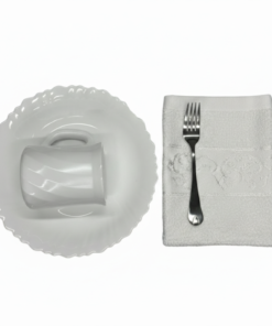 Pachet pomana model Alb simplu 6 Farfurii adânci+6 Cani+6 Linguri/Furculite & 6 Prosoape