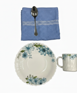 Pachet pomana Model Floral albastru 6 Farfurii+6 Cani+6 Linguri/Furculite & 6 Prosoape