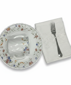 Pachet pomana model floral Albastru Azuriu-Roz 6 Farfurii+6 Cani+6 Linguri/Furculite & 6 Prosoape