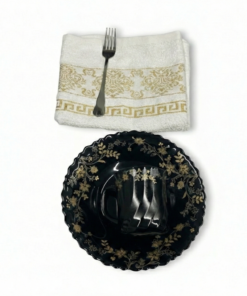 Pachet pomana model floral Auriu 6 Farfurii adanci+6 Cani+6 Linguri/Furculite & 6 Prosoape