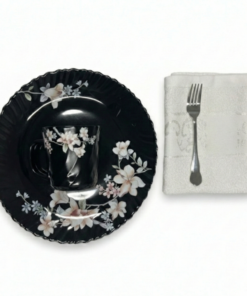 Pachet pomana model floral Alb-Roz 6 Farfurii intinse+6 Cani+6 Linguri/Furculite & 6 Prosoape