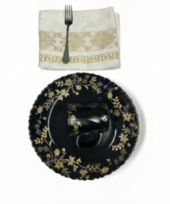 Pachet pomana model floral Auriu Intinse 6 Farfurii intinse+6 Cani+6 Linguri/Furculite & 6 Prosoape