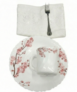Pachet pomana model flori de Cireș Roz 6 Farfurii+6 Cani+6 Linguri/Furculite & 6 Prosoape