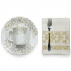 Pachet pomana model arăbesc floral Gri-Maron 6 Farfurii+6 Cani+6 Linguri/Furculite & 6 Prosoape