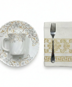 Pachet pomana model arăbesc floral Gri-Maron 6 Farfurii+6 Cani+6 Linguri/Furculite & 6 Prosoape