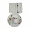 Pachet pomana model floral trandafir vișiniu 6 Farfurii+6 Cani+6 Linguri/Furculite & 6 Prosoape