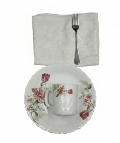 Pachet pomana model floral trandafir vișiniu 6 Farfurii+6 Cani+6 Linguri/Furculite & 6 Prosoape