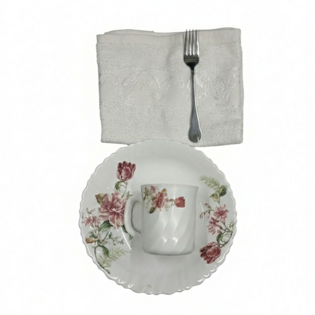 Pachet pomana model floral trandafir vișiniu 6 Farfurii+6 Cani+6 Linguri/Furculite & 6 Prosoape