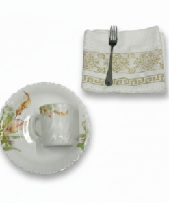 Pachet pomana model Flori de Cală galben pal 6 Farfurii+6 Cani+6 Linguri/Furculite & 6 Prosoape